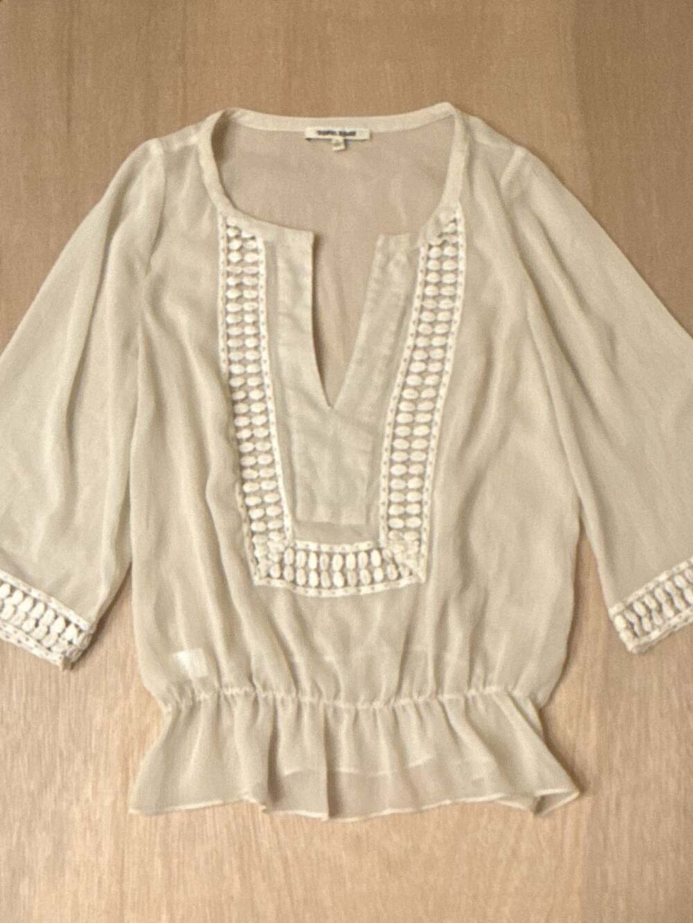 Y2K Daniel Rainn Cream Sheer 3/4 Sleeve Blouse with Crochet Detail Size S